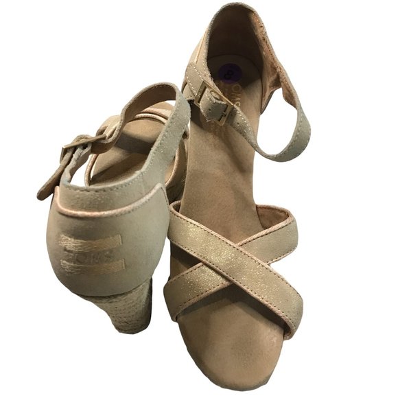 TOMS Shimmer Gold TAN ESPADRILLE HEEL Wedges - Picture 3 of 6